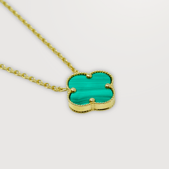 Single Malachite Four Leaf Clover Necklace - 14k Yellow Gold