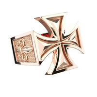 The Elegant Maltese Cross Gold Ring with Fleur-de-Lis features a bold Maltese cross on top and a detailed fleur-de-lis accent on the textured gold band, making it a standout men's accessory.