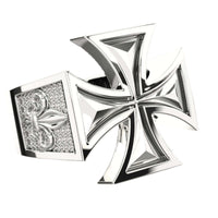 The Elegant Maltese Cross Gold Ring with Fleur-de-Lis features a bold, raised Maltese cross and detailed fleur-de-lis accents—an ideal choice for those who appreciate refined gold accessories with symbolic design.