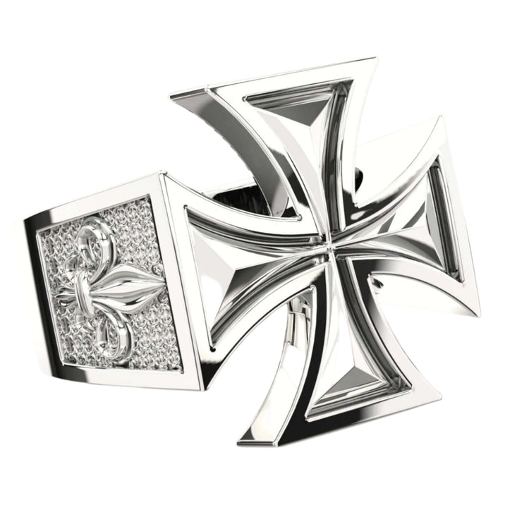 The Elegant Maltese Cross Gold Ring with Fleur-de-Lis features a bold, raised Maltese cross and detailed fleur-de-lis accents—an ideal choice for those who appreciate refined gold accessories with symbolic design.