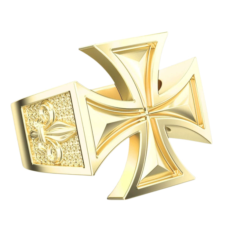The Elegant Maltese Cross Gold Ring with Fleur-de-Lis showcases a bold Maltese cross on top and fleur-de-lis detail on the side, set against a textured background for added style.