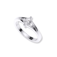 The Marquise Lab Diamond Three-Stone Engagement Ring in Platinum Finish features a marquise lab diamond center with two round diamonds on each side, all set on a smooth, polished white gold band.