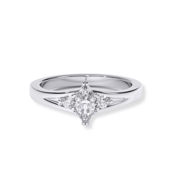 The Marquise Lab Diamond Three-Stone Engagement Ring in Platinum Finish features a marquise lab diamond center with small accent diamonds, dazzling brilliantly against a white background.