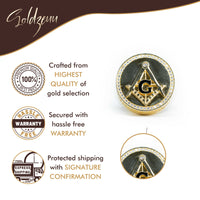 The Goldzeuu Mason Ring – Solid 10k Gold features the iconic G symbol in gold and black, shown with icons for highest quality 10k gold, hassle-free warranty, and secure shipping with signature confirmation.