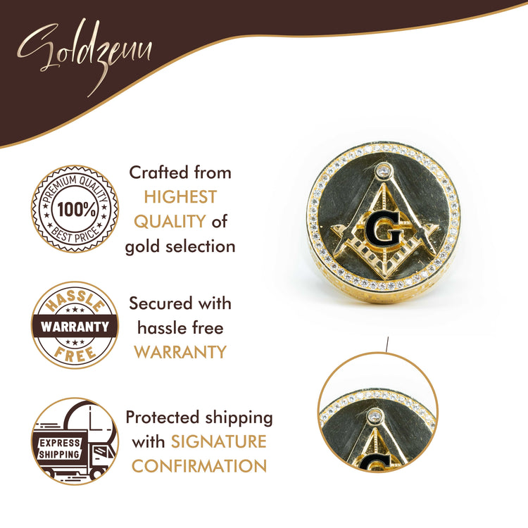 The Goldzeuu Mason Ring – Solid 10k Gold features the iconic G symbol in gold and black, shown with icons for highest quality 10k gold, hassle-free warranty, and secure shipping with signature confirmation.