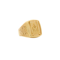 The Mason Ring in Solid Gold showcases classic Masonic symbols—a square and compass inside a triangle with two pillars—engraved on the face. Ornate side patterns complete this distinguished men’s ring, presented against a white background.