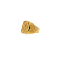 The Mason Ring in Solid Gold features an engraved rectangular face with the square and compass design and ornate band details, showcased against a white background.