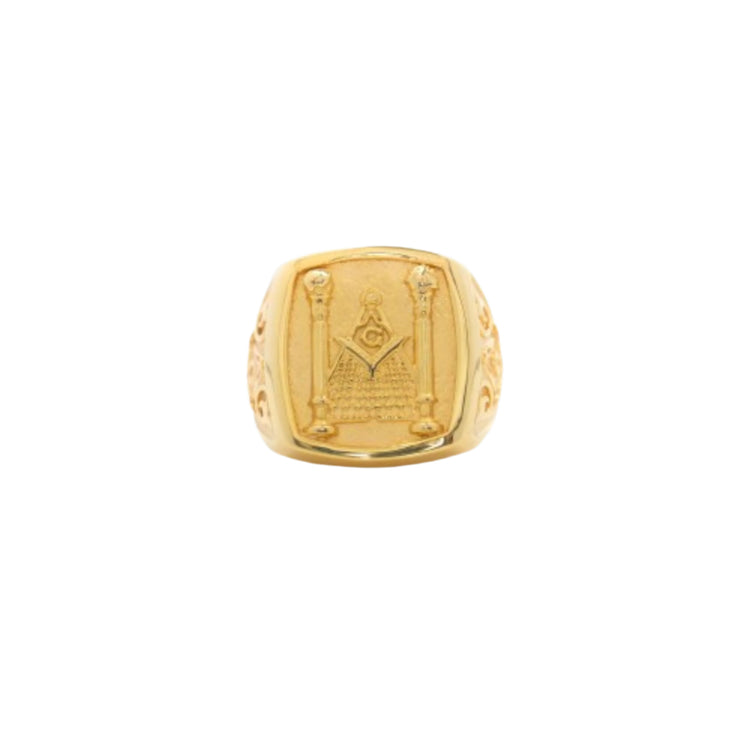 The Mason Ring in Solid Gold features engraved compass, square, and the letter G between two pillars, showcased on a plain white background.