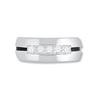 The Men's Diamond Wedding Band Black Groove in 10k white gold features a rectangular inset of sparkling diamonds at the center and a sleek modern design with a distinctive black accent along the side.