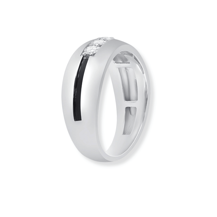 The Men's Diamond Wedding Band in 10k White Gold features a wide band with a sleek black groove and two small flush-set white diamonds on top, shown against a plain white background.