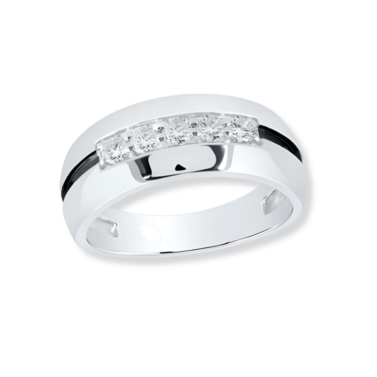 A men’s diamond wedding band in 10k white gold, featuring black grooves and a polished finish, adorned with square-cut channel-set diamonds along the top.