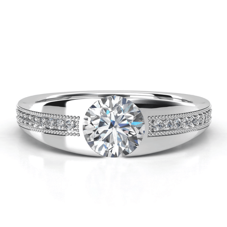 The Men's Wedding Band – 3 Carat Diamond Masterpiece features a large round-cut lab-grown diamond at its center, accented by smaller diamonds set in parallel rows along the silver band.