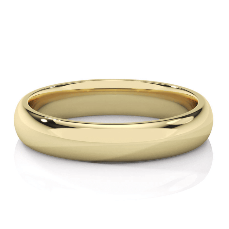The Men's Wedding Band - 4mm is a plain, polished 14K yellow gold ring with a smooth, rounded surface, displayed on a white background with a subtle reflection beneath.