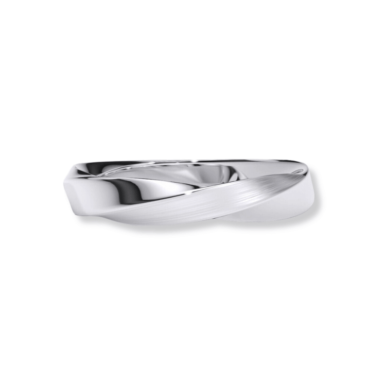 Men's Wedding Band Braided White Gold: a modern silver ring with a twisted, braided design featuring both polished and matte finishes, shown on a white background.