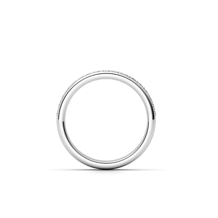 The Men's Wedding Band Brushed White Gold with Lab Diamond Inlay is a slim band featuring small embedded diamonds along the top, shown in side profile on a plain white background.