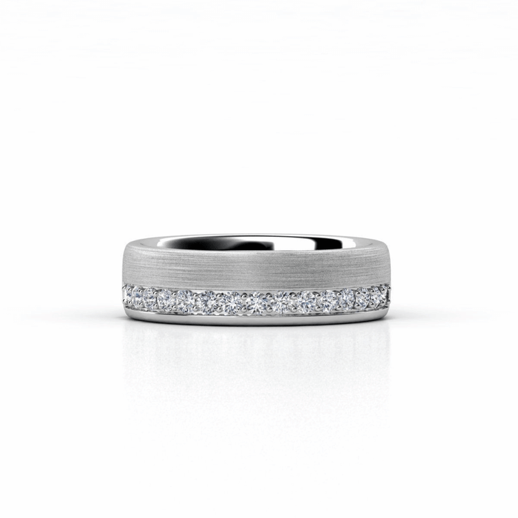 Men's Wedding Band Brushed White Gold with Lab Diamond Inlay, featuring a brushed finish and a row of lab diamond accents around the center, shown on a white background.