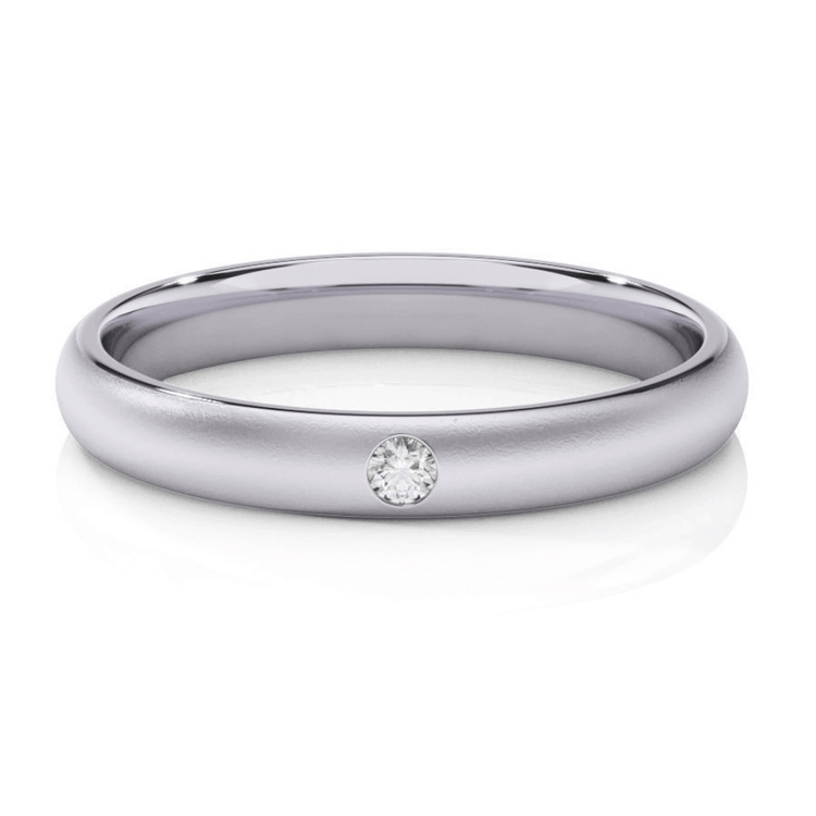 The Men's Wedding Band Center Stone Lab Grown Diamond - 3mm is a sleek silver band with a single small round lab diamond set into it, shown on a white background.