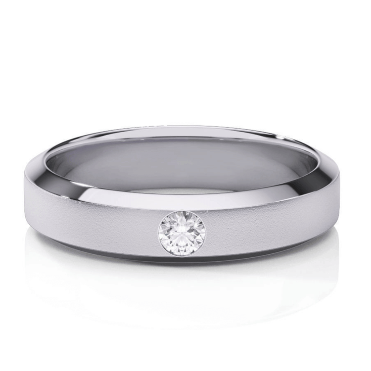 The Men's Wedding Band Center Stone Lab Grown Diamond - 4.5mm features a simple white gold band with a single round lab diamond in the center, shown on a white background.