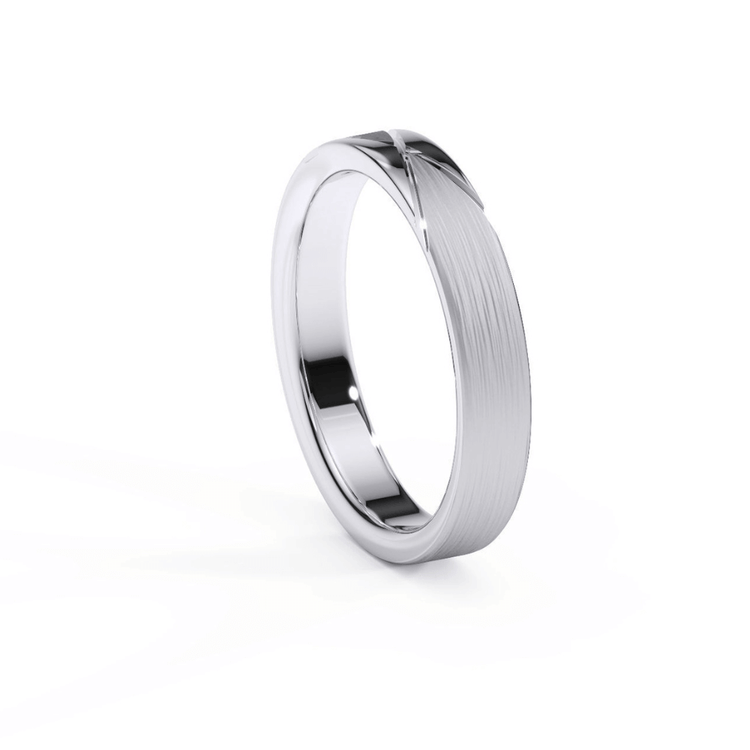 The Men's Wedding Band Cross-Detail White Gold features a sleek matte brushed finish and a subtle diagonal groove, showcased on a white background.