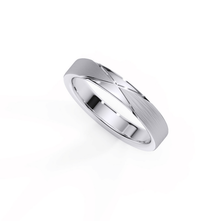The Men's Wedding Band Cross-Detail White Gold features a 14K white gold polished finish with subtle diagonal engraved lines forming an X pattern, shown against a white background.