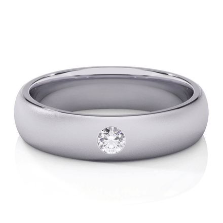 The Men's Wedding Band Matte With Center Lab Grown Diamond - 5mm features a sleek white gold band with a single round lab-grown diamond flush-set in the center, shown on a white background.