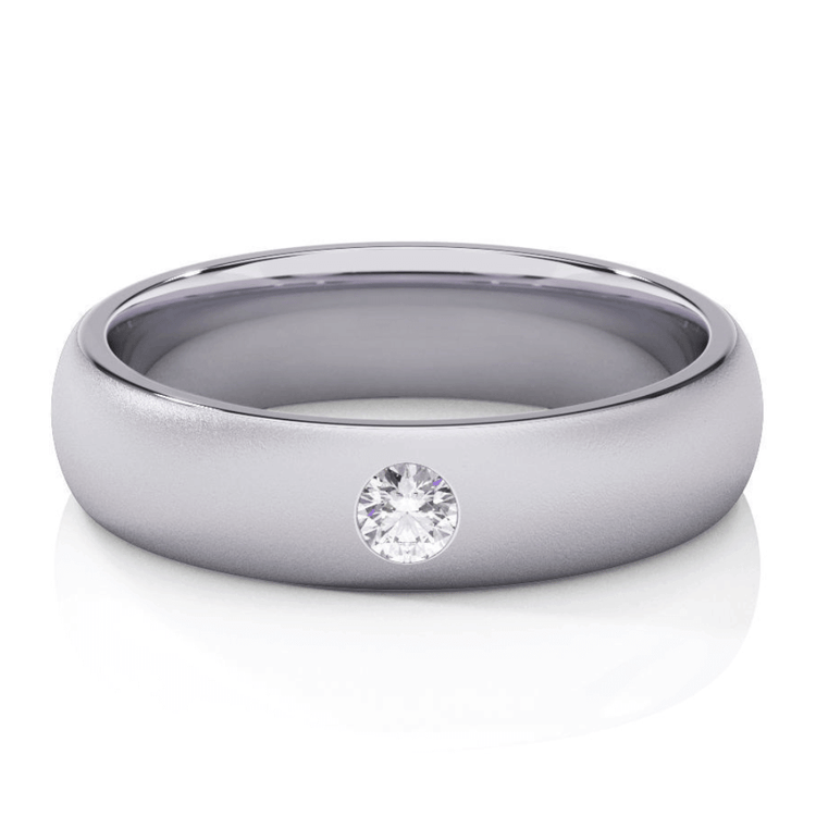 The Men's Wedding Band Matte With Center Lab Grown Diamond - 5mm features a sleek white gold band with a single round lab-grown diamond flush-set in the center, shown on a white background.