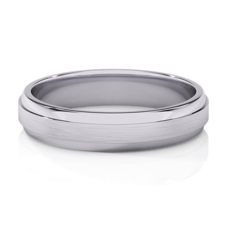 The Men's Wedding Band White Gold - 3.5mm features a polished 14K white gold design with a brushed matte center and smooth, rounded edges, shown on a white background.