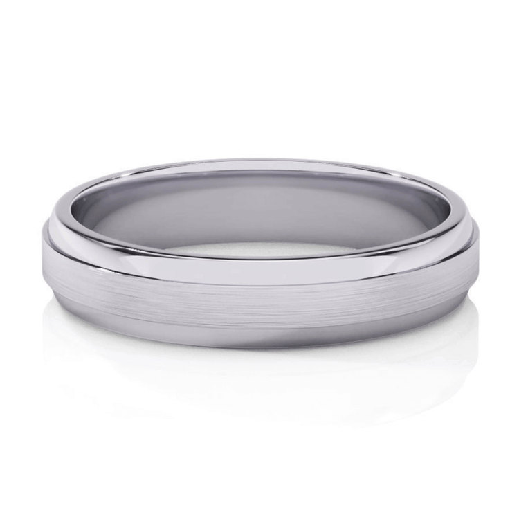 The Men's Wedding Band White Gold - 3.5mm features a polished 14K white gold design with a brushed matte center and smooth, rounded edges, shown on a white background.