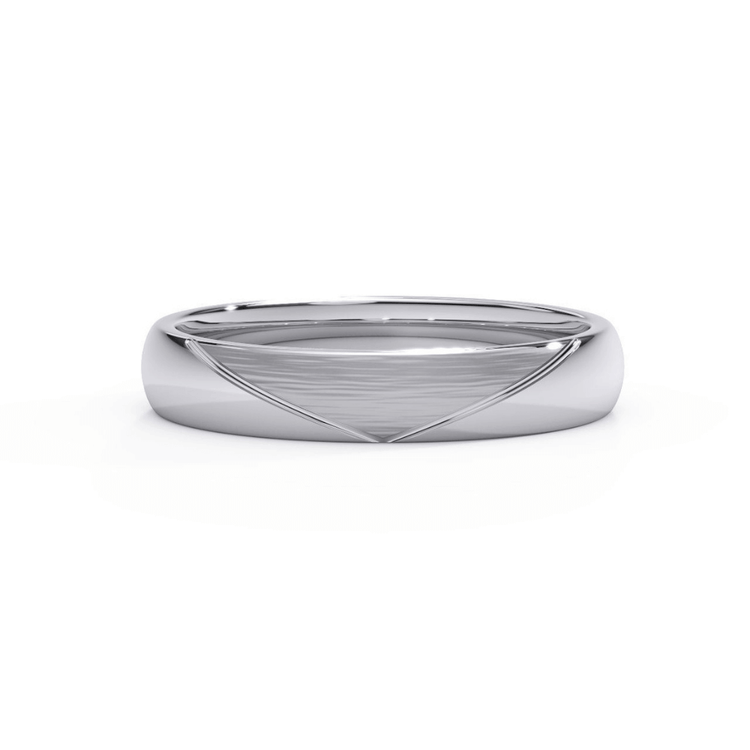 The Men's Wedding Band White Gold Geometric Design features a polished white gold band with a subtle engraved pattern of intersecting triangles, creating a simple yet modern look.
