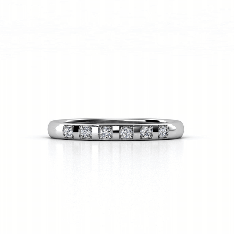 The Men's Wedding Band White Gold Lab Grown Diamond Eternity features seven small round diamonds set in square settings across the top, shown against a plain white background.