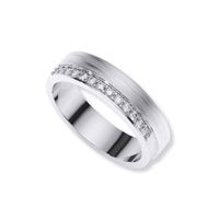 The Men's Wedding Band White Gold with Lab Diamond Channel displays lab diamonds along one side of a sleek white gold band, making it a sophisticated choice for men's wedding bands, shown on a white background.