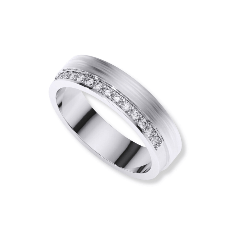 The Men's Wedding Band White Gold with Lab Diamond Channel displays lab diamonds along one side of a sleek white gold band, making it a sophisticated choice for men's wedding bands, shown on a white background.