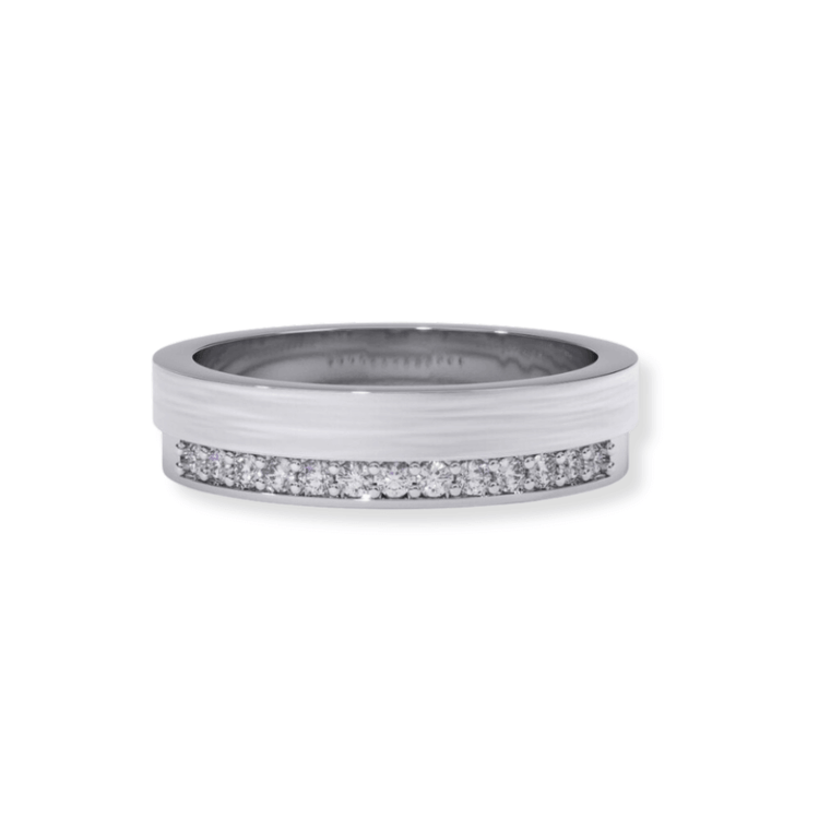 The Men's Wedding Band White Gold with Lab Diamond Channel features a brushed finish and a central row of sparkling lab diamonds, showcased on a plain white background.