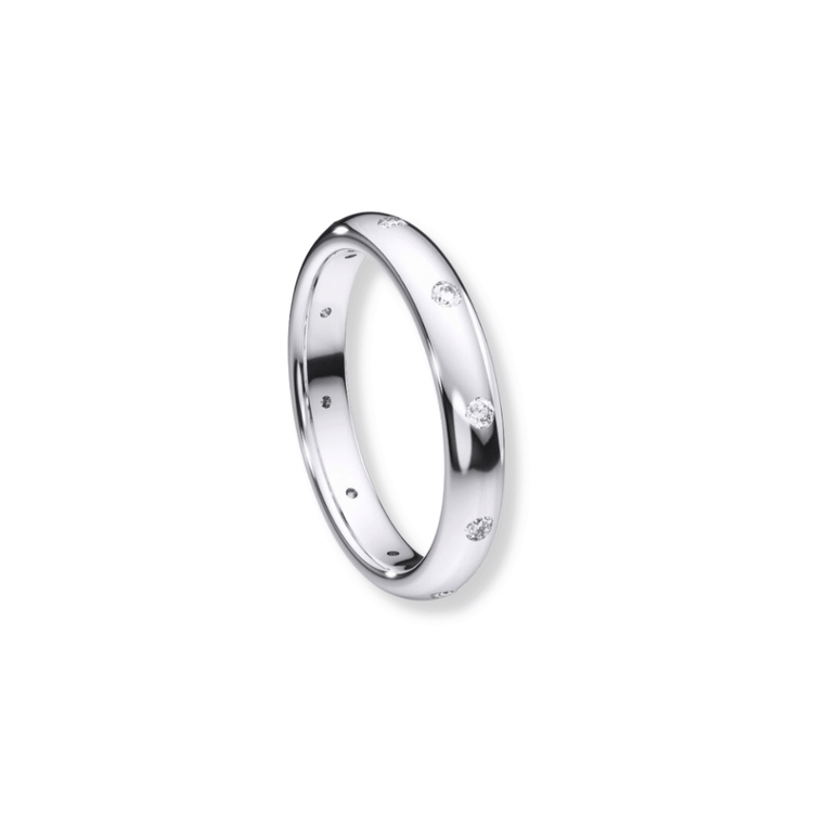 The Men's Wedding Band in white gold features a polished, smooth surface with small, evenly spaced lab diamonds set around the band, displayed on a plain white background.