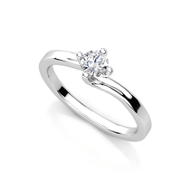The Modern Twist Solitaire Diamond Engagement Ring features a round, brilliant-cut diamond set in a classic prong design, showcased against a plain white background.