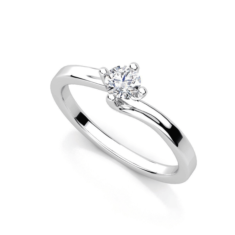 The Modern Twist Solitaire Diamond Engagement Ring features a round, brilliant-cut diamond set in a classic prong design, showcased against a plain white background.