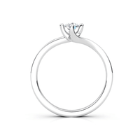 A close-up side view of the Modern Twist Solitaire Diamond Engagement Ring, featuring a single round diamond in a classic four-prong setting on a simple silver band, displayed against a white background.
