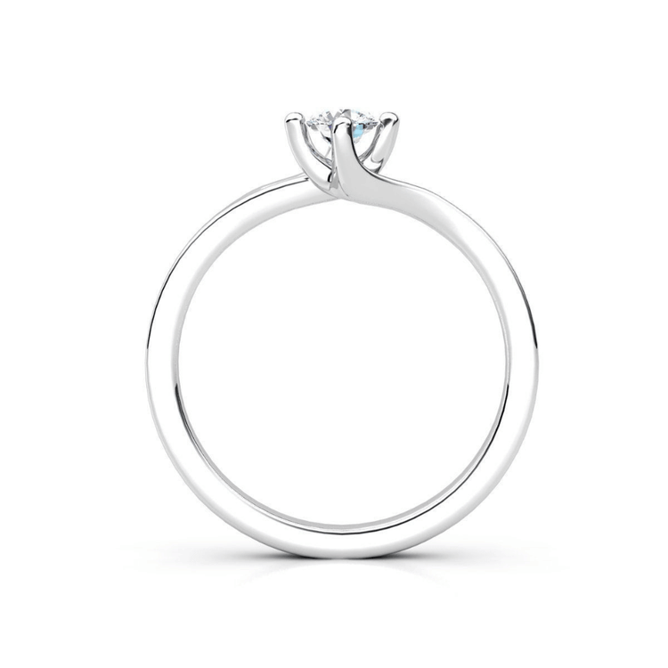 A close-up side view of the Modern Twist Solitaire Diamond Engagement Ring, featuring a single round diamond in a classic four-prong setting on a simple silver band, displayed against a white background.