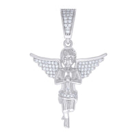 The Moissanite Angel Charm Pendant in 925 sterling silver showcases detailed wings with VVS Moissanites. The angel, shown praying with one bent leg, hangs from a sparkling bail for an elegant look.