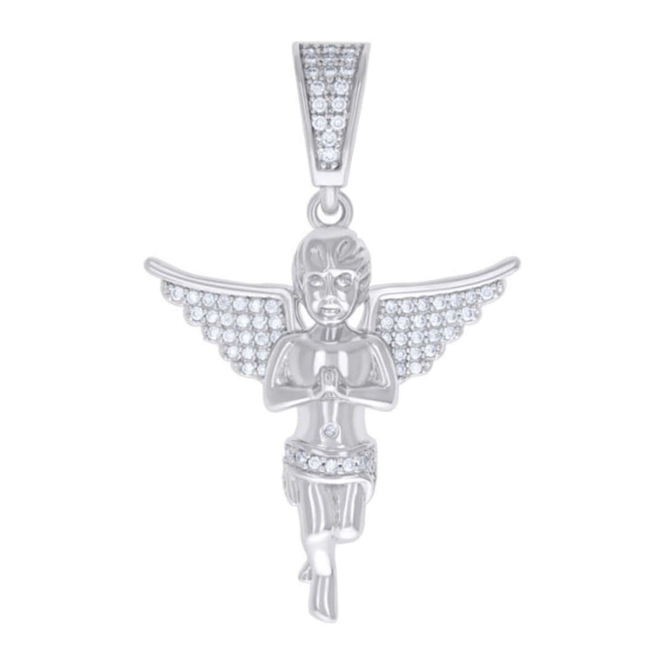 The Moissanite Angel Charm Pendant in 925 sterling silver showcases detailed wings with VVS Moissanites. The angel, shown praying with one bent leg, hangs from a sparkling bail for an elegant look.