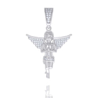 The Moissanite Angel Charm Pendant is crafted from 925 sterling silver, featuring outstretched VVS Moissanite wings, detailed face and prayer hands, and a gem-studded bail.