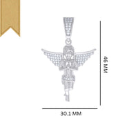 The Moissanite Angel Charm Pendant features outstretched wings, hands in prayer, and VVS moissanites. Crafted from 925 sterling silver (46mm x 30.1mm), it has a gold ribbon on the top left corner for added elegance.