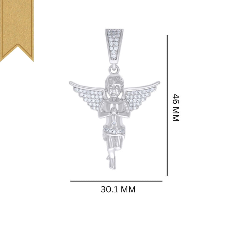The Moissanite Angel Charm Pendant features outstretched wings, hands in prayer, and VVS moissanites. Crafted from 925 sterling silver (46mm x 30.1mm), it has a gold ribbon on the top left corner for added elegance.