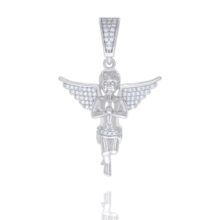 The Moissanite Angel Charm Pendant is crafted from 925 sterling silver, featuring outstretched VVS Moissanite wings, detailed face and prayer hands, and a gem-studded bail.