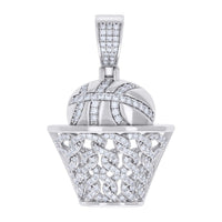 The Moissanite Basket Ball Sports Charm Pendant features a basketball going into a hoop, both crafted in sterling silver and encrusted with sparkling VVS moissanite stones for dazzling shine.