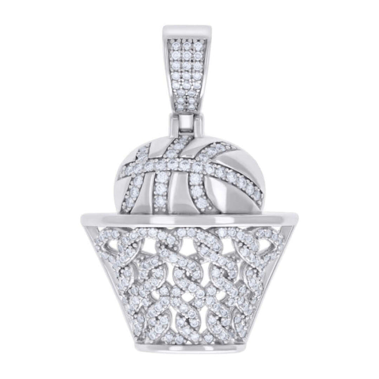The Moissanite Basket Ball Sports Charm Pendant features a basketball going into a hoop, both crafted in sterling silver and encrusted with sparkling VVS moissanite stones for dazzling shine.