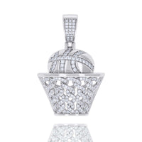The Moissanite Basket Ball Sports Charm Pendant features a sterling silver basketball and net, both encrusted with VVS moissanite, creating a brilliant sparkle against a white background.