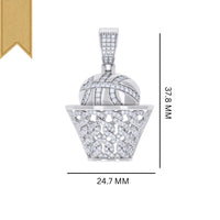 The Moissanite Basketball Sports Charm Pendant is crafted from sterling silver, featuring a basketball going into a net with VVS moissanite accents and a gold ribbon. It measures 37.8 mm by 24.7 mm.