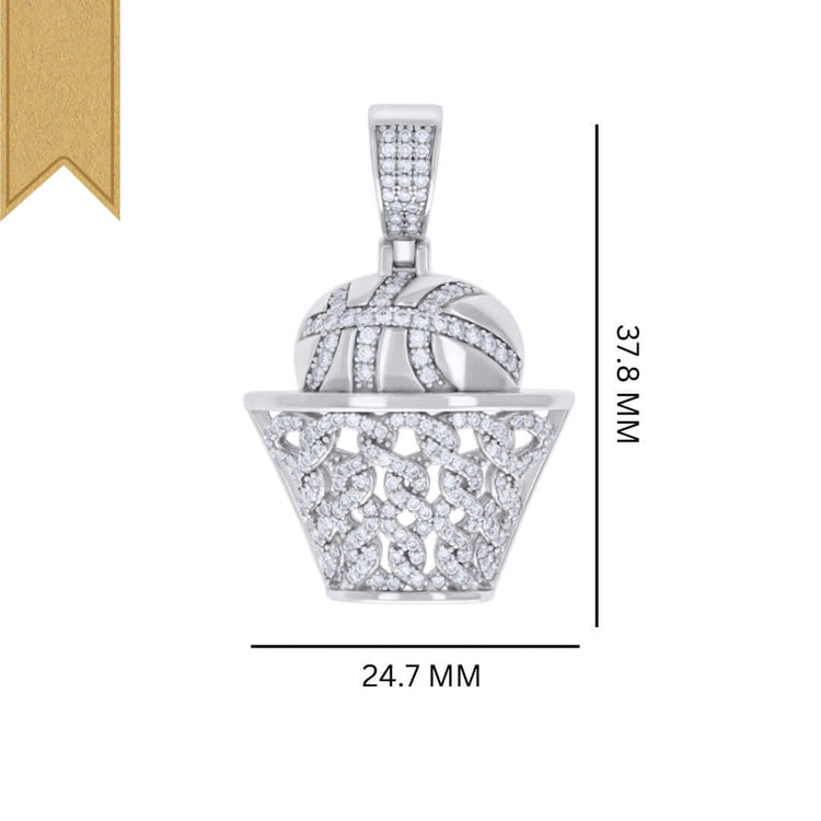 The Moissanite Basketball Sports Charm Pendant is crafted from sterling silver, featuring a basketball going into a net with VVS moissanite accents and a gold ribbon. It measures 37.8 mm by 24.7 mm.