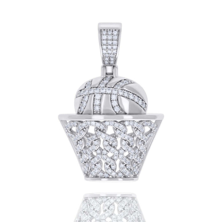 The Moissanite Basket Ball Sports Charm Pendant features a sterling silver basketball and net, both encrusted with VVS moissanite, creating a brilliant sparkle against a white background.